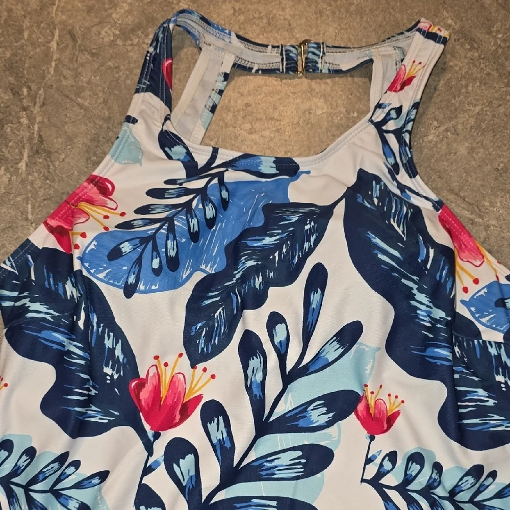 (J47)  Blue and White Floral Top Only Swimwear - Picture 2 of 5